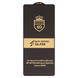 Защитное стекло ESD 6D для Tecno Camon 30 CL6, CL6k , Camon 40 CM5 , Pova 6 LI7 , Pova 6 Pro LI9 ; Infinix Note 40 X6853 , Note 50 4G X6858 , совместимо с чехлом, Full Glue, Anti Static, без упаковки , черный
