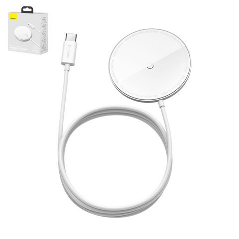 Wireless Charger Baseus Simple Mini Magnetic, Power Delivery PD , white, USB type C, plastic, metal, glass, 15 W, with cable, magnetic  #WXJK F02