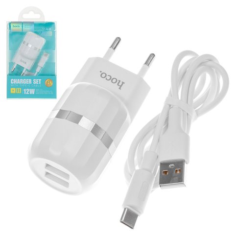 Mains Charger Hoco C41A, 12 W, white, with USB cable Type C, 2 outputs 