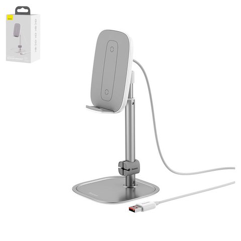 Soporte Baseus Literary Youth Desktop Bracket, plateado, de sobremesa, metal, con cargador inalámbrico, #SUWY D0S
