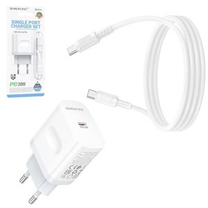 Adaptador de red Borofone BA99A, 20 W, Power Delivery PD , blanco, con cable USB tipo C USB tipo C, 1 puerto, #6941991121371
