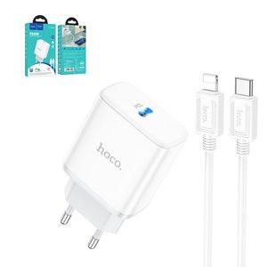 Сетевое зарядное устройство Hoco C104A, 20 Вт, Power Delivery PD , белый, c кабелем USB тип C к Lightning для Apple, 1 порт, #6931474782908