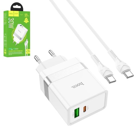 Сетевое зарядное устройство Hoco N21, 30 Вт, Power Delivery PD , белый, c кабелем USB тип C к USB тип C, 2 порта, #6931474757791