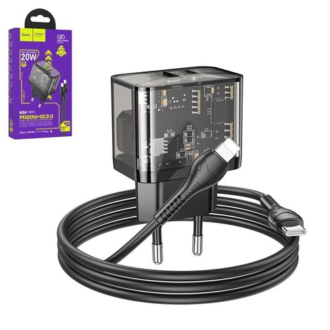 Сетевое зарядное устройство Hoco N34, 20 Вт, Power Delivery PD , черный, прозрачный, c кабелем USB тип C к Lightning для Apple, 2 порта, #6931474799173