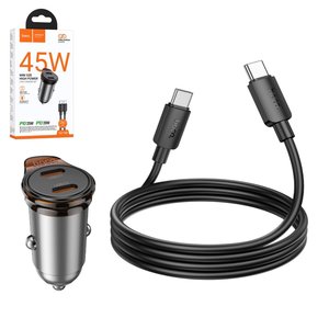 Автомобільний зарядний пристрій Hoco NZ16B, чорне, Power Delivery PD , з кабелем USB тип C до USB тип C, 45 Вт, 2 порта, 12 24 B, #6942007644792